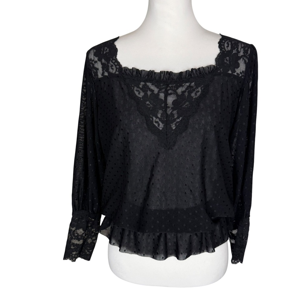 Jonden Womens Black Sheer Swiss Dot Lace Trim Peplum Blouse Size M Whimsigoth